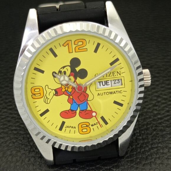 Vintage 1987 Disney Citizen Automatic Mens Silver Watch W/daydate & Yellow accen - Picture 4 of 9